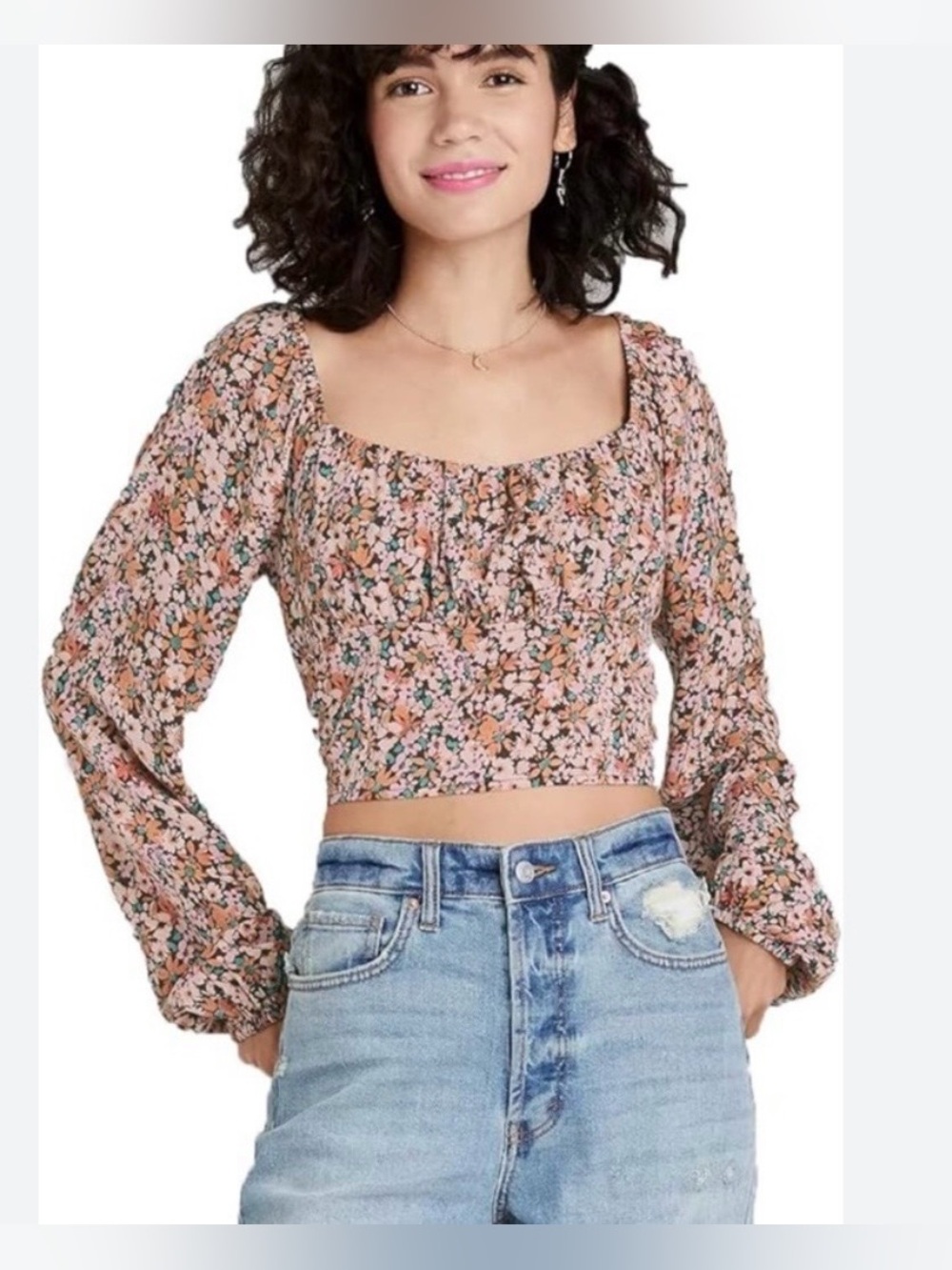Wild Fable Floral Cropped Corset Top Small Floral Puff Long Sleeve Peasant Boho